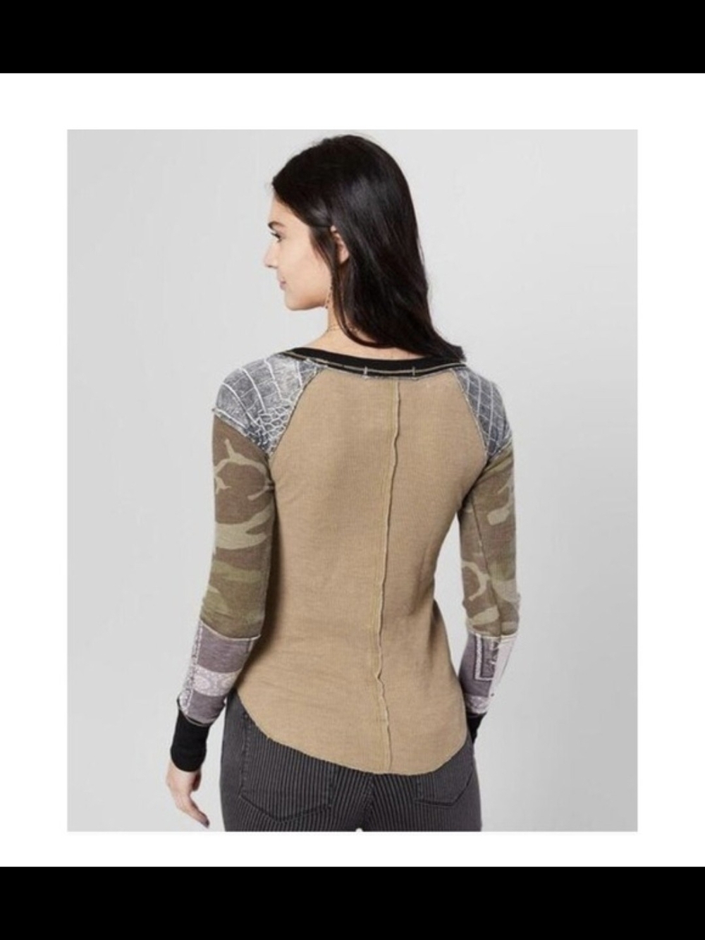 We The Free Mixed Patchwork Long Sleeve Top in Tan, Green and Gray Worn Once